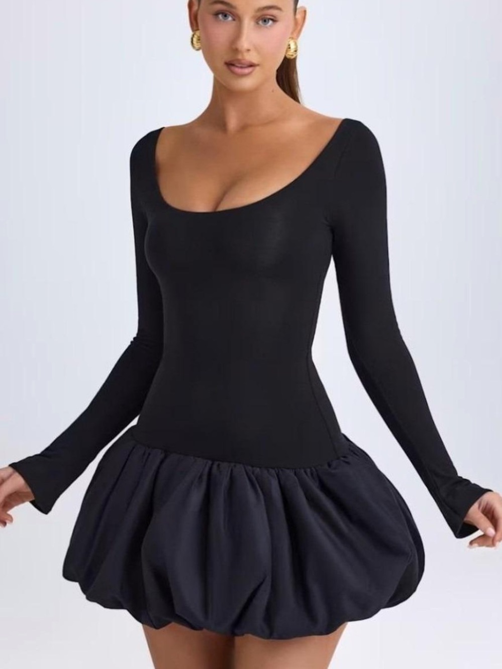 Oh Polly Black Long Sleeve Bubble Hem Mini Dress